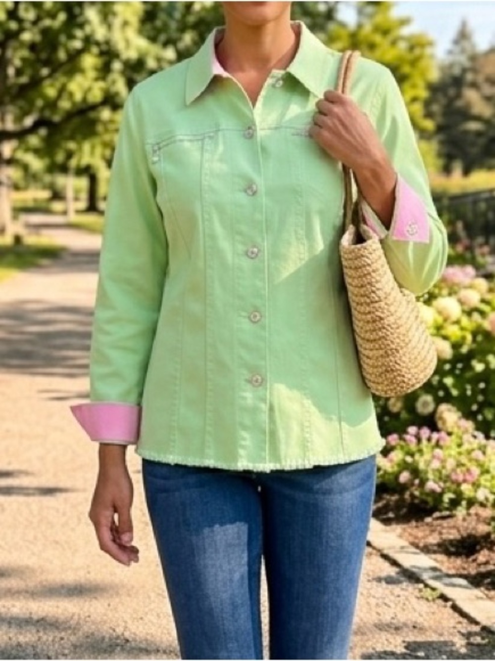 Quacker Factory Lime Green and Pink Denim Shirt Jacket Rhinestone Accents